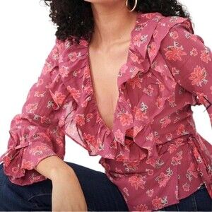 Free People Amanda Ruffle Floral Wrap Top in Sultry Combo Pink Puff Long Sleeve